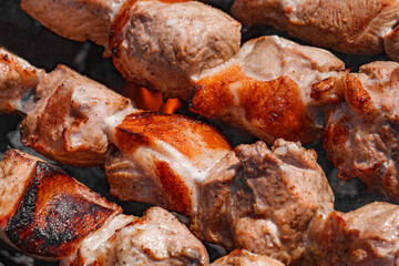 Meat with lard cooked in chunks on barbecue, close-up, selective focus
