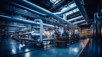 Fototapeta premium Industrial area. Steel pipelines valves and pumps in huge factory building