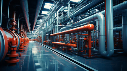 Obraz premium Industrial area. Steel pipelines valves and pumps in huge factory building