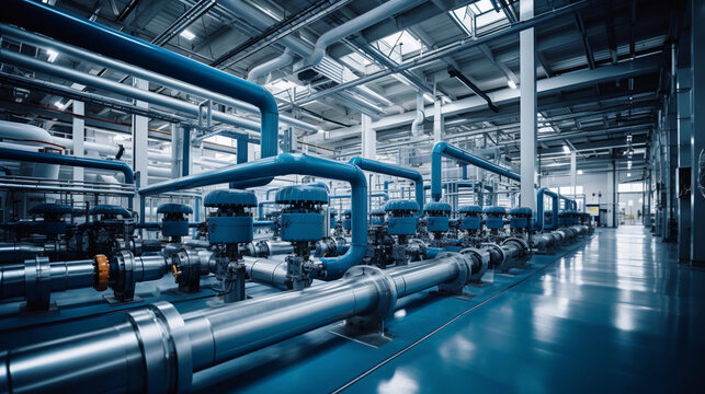 Industrial area. Steel pipelines valves and pumps in huge factory building