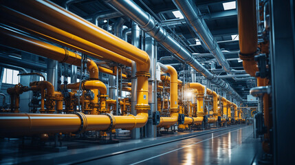 Fototapeta premium Industrial area. Steel pipelines valves and pumps in huge factory building