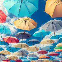 Obraz premium Floating Umbrella Filled Blue Sky with Some Cumulonimbus Clouds on a Sunny Day, Street Decoration, Background Image, Colorful Orange, Yellow, Red, Pink, Beige Brown, Indigo Purple Coral, Generative AI