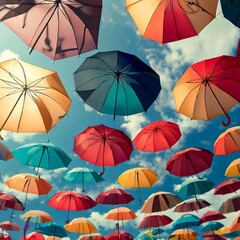 Floating Umbrella Filled Blue Sky with Some Cumulonimbus Clouds on a Sunny Day, Street Decoration, Background Image, Colorful Orange, Yellow, Red, Pink, Beige Brown, Indigo Purple Coral, Generative AI