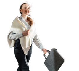A happy confident female programmer goes to work with a business bag in formal clothes. Transparent background, png.