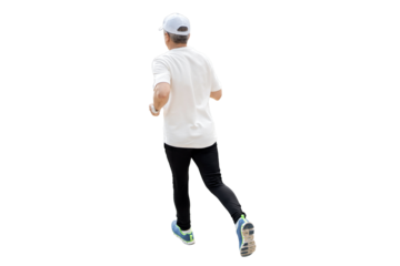 Rear view of a man doing a jogging workout in sneakers, full height. Transparent background, png.