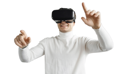 Virtual glasses are used by a male video game in digital reality. Transparent background, png.