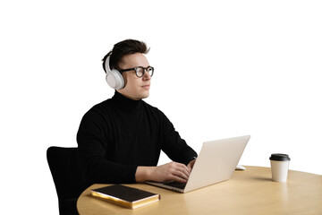 Programmer guy with headphones uses a laptop computer on the table, a smart person. Transparent...