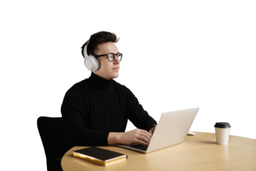 Programmer guy with headphones uses a laptop computer on the table, a smart person. Transparent background, png.
