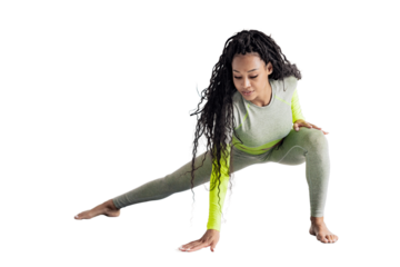 Fitness trainer is a woman in a fashionable comfortable suit for sports, training squats healthy lifestyle. Transparent background, png.