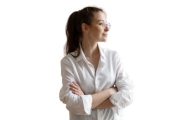 A woman in a white shirt, crossed her arms in a businesslike pose. Finance assistant with glasses. Transparent background, png.
