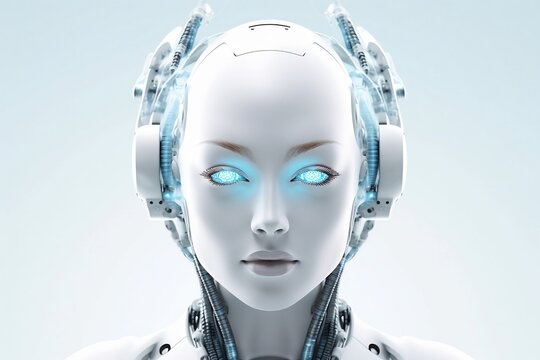 Portrait of beautiful cyber robot woman with neon glowing eyes. Ai generative