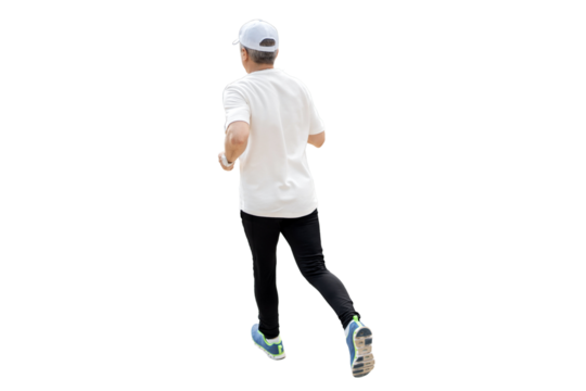 Rear view of a man doing a jogging workout in sneakers, full height. Transparent background, png.