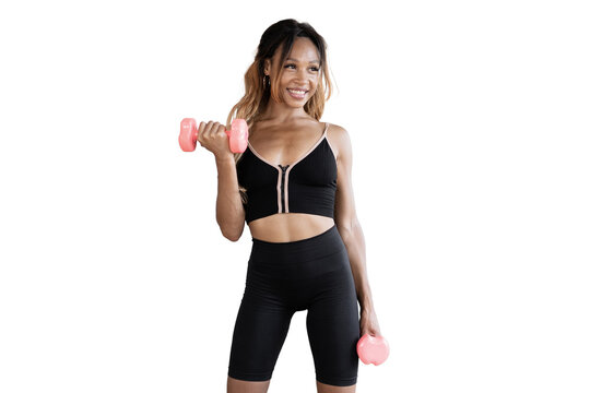 Uses dumbbells fitness trainer woman in a comfortable suit for sports, body workout healthy lifestyle. Transparent background, png.