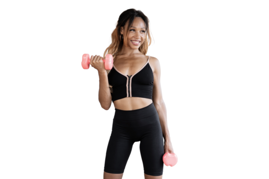 Uses dumbbells fitness trainer woman in a comfortable suit for sports, body workout healthy lifestyle. Transparent background, png.
