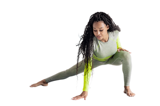 Fitness trainer is a woman in a fashionable comfortable suit for sports, training squats healthy lifestyle. Transparent background, png.