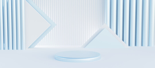 Light Blue cylinder podium with decorative objects.  Stand to show products. Modern pedestal display with copy space. 16:9 Banner size. Website cover template. 3D rendering.