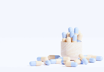 Blue and Yellow Medicine Pills. Small pills capsule. 3D Rendering. Pharmacy and Healthcare concept. Drugs awareness. Natural Medicine and Cure.