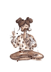 A girl in a lotus position tries on a carnival mask. Isolated illustration in splashes of coffee