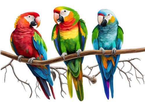 three bright colorful parrots on a branch, isolate. 
