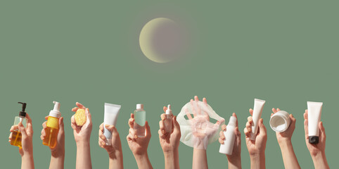 Korean care system cosmetic bottles, jars, tubes green background. Peeling, cleansing oil, mask,...