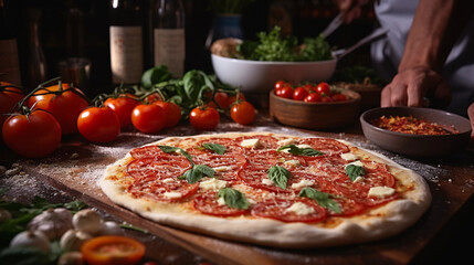 Obraz na płótnie Canvas tasty homemade pizza with lots of ingredients