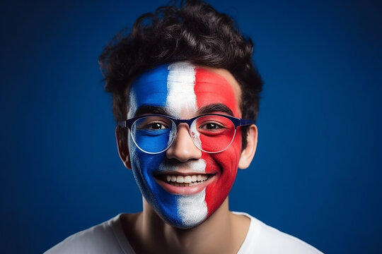 Handsome smiling young man with french flag art on his face, blue background. Generative AI