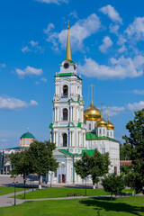 Fototapeta na wymiar Dormition Cathedral (also known as Assumption Cathedral or Uspensky Sobor) of Tula Kremlin in a sunny summer day. Clear blue sky. Russian orthodox christianity. Religious architecture theme.