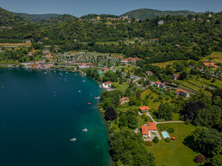 Aerial view Lake Orta Piedmont Italy - The most romantic of the Italian lake. Orta San Giulio,...