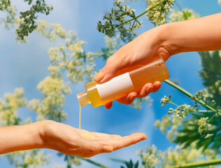 Cosmetic liquid product toner or foam cleanser or oil in woman hands. Blue sky and herbs and flowers background. - obrazy, fototapety, plakaty