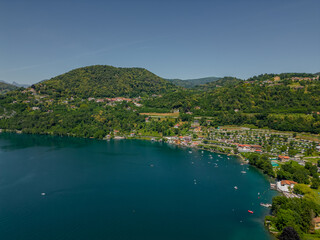 Aerial photo Lake Orta, the shore of the lake from above.The beauty of Italy from above. Italy, Piedmont. view Aerial of Orta San Giulio. Italy Landscape