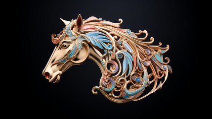Fototapeta na wymiar Horse head with colorful mane made in gold and silver. Made with Generative AI.