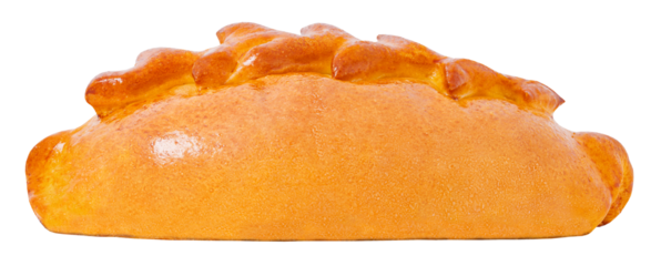 Pie closed with baked pigtail of dough, side view, isolated on transparent background .