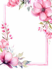 Fototapeta na wymiar Watercolor frame with pink flowers on white background with copy space inside. Ai generated