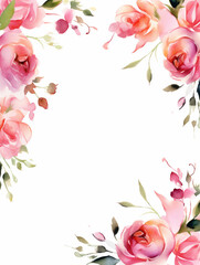 Watercolor frame with pink flowers on white background with copy space inside. Ai generated