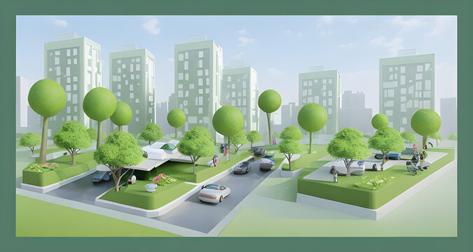 bild einer modernen grünen ökologischen c02 neutralen stadt urban city straßen elektroauto bäume hochhäuser archjitektur archtiekt generative ai