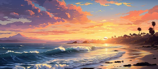 Fototapeta na wymiar Ocean beach illustration of summer tropical shore with beautifull sky 
