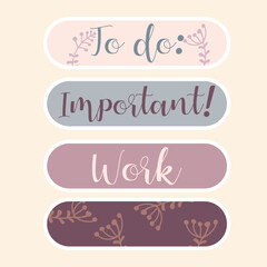 Cute paper notes in pastel colors. Stickers. Simple page. Stationary set. Notes and postcards for notes. Printable planner stickers. A note on the to-do list. Decorative element of planning. Vector