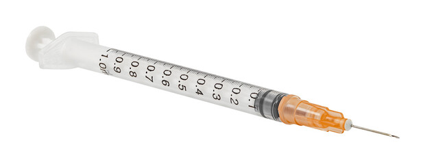 Disposable plastic syringe insulin, isolated on transparent background .