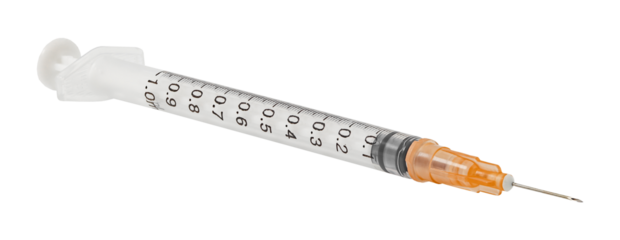 Disposable plastic syringe insulin, isolated on transparent background .