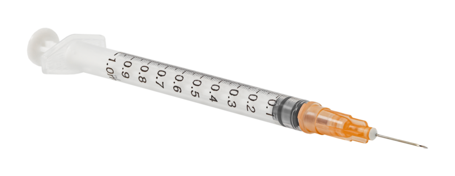 Disposable plastic syringe insulin, isolated on transparent background .