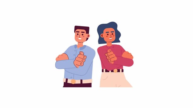Entrepreneurial partners cartoon animation. Successful equal business partnership 4K video motion graphic. Business team crossed arms 2D colorful animated characters isolated on white background
