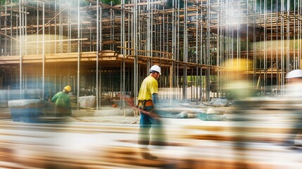 Blurred work of workers at construction site