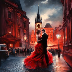 A painted image of a couple in love in evening dresses, which stands and gently hugs against the backdrop of the ancient architecture of the city of Prague. Generative AI
