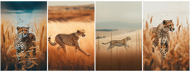 A mighty cheetah among the wheat and bushes. Set of a cheetah living freely in the African steppes. Created with Generative AI technology.