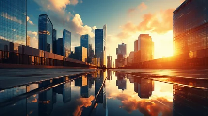 Foto auf Acrylglas Sonnenuntergang Reflective skyscraper business office buildings