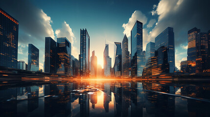 Obraz premium Reflective skyscraper business office buildings