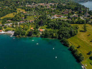 Beautiful panoramic aerial view from a drone of Orta San Giulia - the famous Italian city on the...