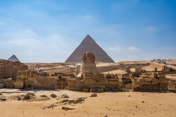 The Great Sphinx at the Giza pyramid complex,  Giza necropolis is home to the Great Pyramid, the Pyramid of Khafre, and the Pyramid of Menkaure, . in Cairo, Egypt.  Travel and history.