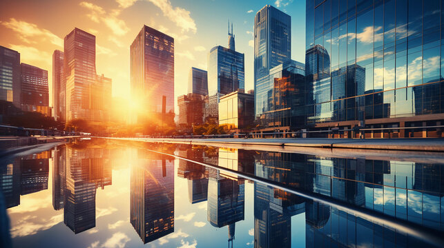 Reflective skyscraper business office buildings