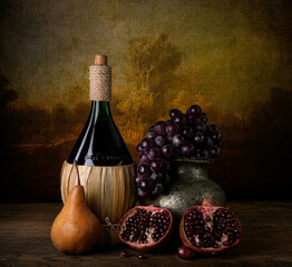 Still life of wine, grapes and fruits.